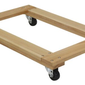 The Vestil Hardwood Dolly Open Deck 0.9K Lb 24 X 36 has a sturdy rectangular frame, open deck design, and four black swivel caster wheels. It supports up to 900 lbs and is perfect for moving heavy items with dimensions of 24 x 36 inches.