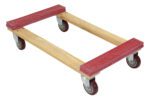 The Vestil Hardwood Dolly Rubber Ends 1.2K Lb 18X30 features red textured rubber ends, supports up to 1,200 lbs, and comes with durable swivel caster wheels for smooth transport of heavy items.