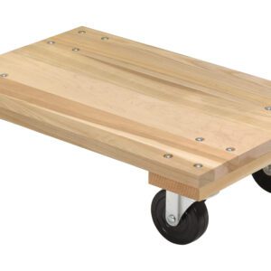 The Vestil Hardwood Dolly Solid Deck 1.2K Lb 16X24 is crafted for moving heavy objects, offering a 1.2K lb capacity and a solid deck with visible wood grain patterns. Its sturdy metal screws and four small black wheels at each corner ensure easy mobility on its 16x24-inch design.