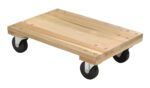 The Vestil Hardwood Dolly Solid Deck 1.2K Lb 16X24 features a light-colored wood deck showcasing natural grain, four black caster wheels, and metal screw reinforcement, supporting up to 1.2K lbs. Its perfect for transporting heavy loads with its 16x24 inch dimensions.