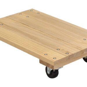 The Vestil Hardwood Dolly-Solid Deck 0.9K Lb 16X24 is a wooden dolly with a flat, rectangular surface measuring 16x24 inches. It features four black caster wheels and can support up to 0.9K lbs, boasting parallel wooden planks secured by metal screws for enhanced durability.
