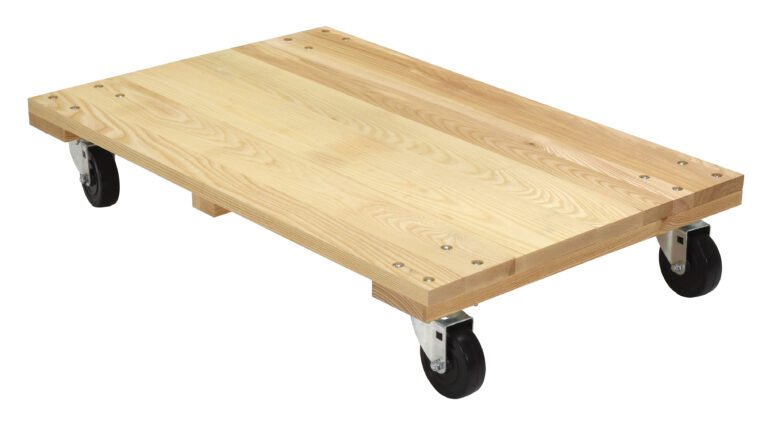 HDOS-2436-12-NM_A.jpg The Vestil Hardwood Dolly-Solid Deck 1.2K Lb 24X36 has a flat rectangular wooden surface and four secured black wheels with metal brackets for stability, made of light-colored wood with visible grain.