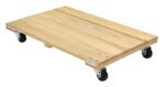 The Vestil Hardwood Dolly-Solid Deck 0.9K Lb 24X36 features a flat, light-colored wooden design with four black swivel caster wheels, ideal for easily transporting heavy items up to 900 pounds.