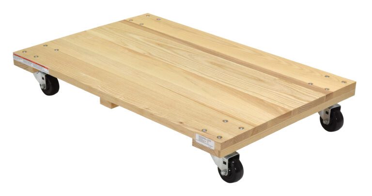HDOS-2436-9-NM_A.jpg The Vestil Hardwood Dolly-Solid Deck 0.9K Lb 24X36 features a flat, light-colored wooden design with four black swivel caster wheels, ideal for easily transporting heavy items up to 900 pounds.