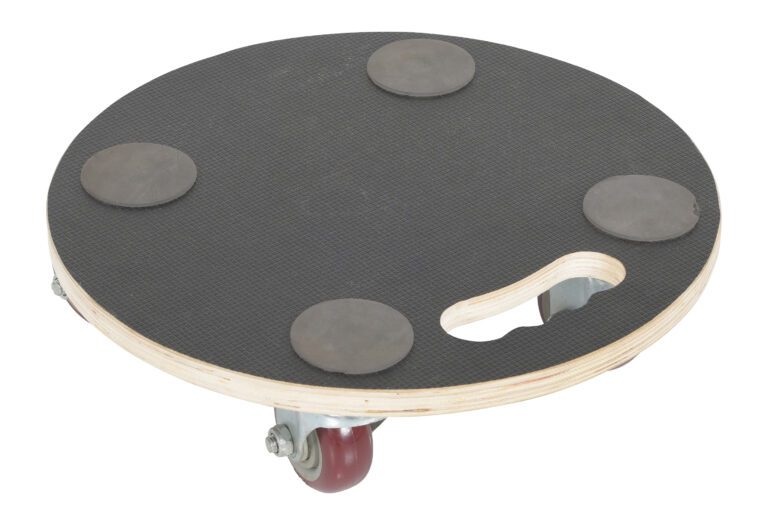 The Vestil Hardwood Dolly features a 15 round platform with four caster wheels, a black non-slip surface, and cut-out handle for easy carrying. Boasting a 440# capacity, its practical and sturdy for all your transport needs.