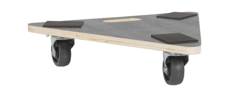 HDOS-TRI-18-300_A.jpg The Vestil Hardwood Dolly-Triangle Deck 300K Lb 16.5X18.5 features a textured wooden board, rubber corner pads, three swivel caster wheels for easy movement, and a center cut-out handle for effortless maneuverability.