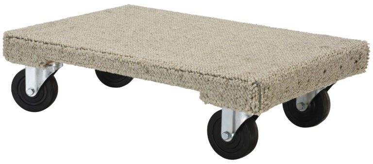 The Vestil Carpeted Hardwood Dolly 1.2K Lb 16 X 24 has a beige carpeted surface and four black swivel wheels, supports up to 1,200 lbs, and measures 16 x 24 inches, making it ideal for any moving task.