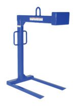 The Vestil Pallet Lifter 2K Cap with 36-inch fork length enhances this blue metal drum lifter, featuring a vertical frame, side handles, and two horizontal prongs. A sturdy top hook is included for lifting, shown against a plain white background.