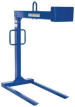 Meet the Vestil Pallet Lifter 2K Cap with 42 In Fork Length, a blue forklift attachment ideal for lifting and transporting pallets. It features two parallel forks at the base and vertical support with side handles for easy maneuvering.