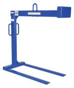 The blue heavy-duty forklift jib attachment, similar to the Vestil Pallet Lifter 2K Cap 48-In Fork Length, features a robust frame with two forward-extending parallel arms. Its perfect for lifting materials in warehouse or industrial environments.