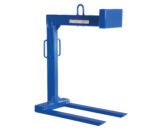 The Vestil Pallet Lifter 4K Cap 42 In Fork Length features a blue metal lifting attachment with dual prongs, designed to fit forklifts for load transport. It includes handles, a top hook, and a rectangular block above the 42-inch fork prongs.