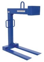 The Vestil Pallet Lifter 6K Cap, with a 42-inch fork length, includes a blue steel lifting attachment, rectangular base, parallel prongs, vertical support handles, and a top loop for forklift use.