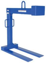 The Vestil Pallet Lifter 6K Cap 48 In Fork Length features a blue industrial design with a top hook and two parallel fork prongs for lifting and transporting palletized goods, while side handles ensure easy maneuverability.