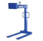 The Vestil Pallet Lifter 6K Cap has a blue industrial design with a vertical frame and horizontal prongs, ideal for forklifts. It features a 54-inch fork length, top hook for secure mounting, and side handles for easy maneuvering, combining sturdiness with practicality.