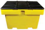 The Vestil Heavy Duty Salt Box 18 Cubic Foot Cap, featuring a yellow bin and black lid, boasts a sturdy rectangular design ideal for outdoor use. Its slightly raised lid with grooves ensures secure handling.