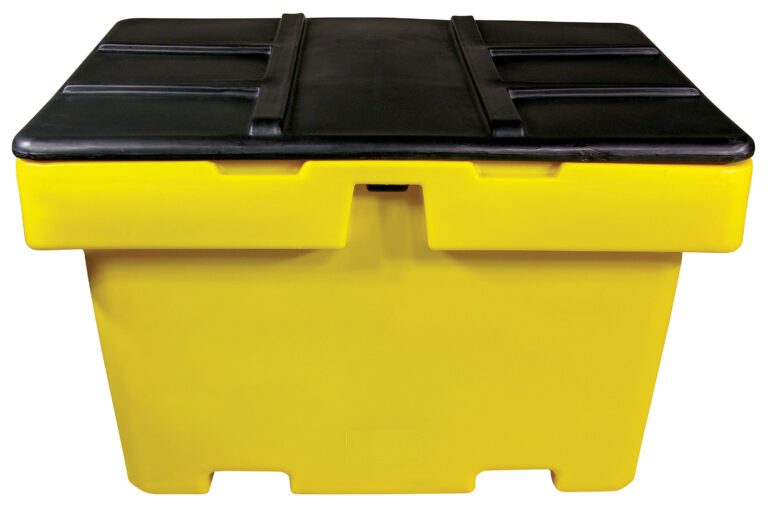 HDSB-18_A.jpg The Vestil Heavy Duty Salt Box 18 Cubic Foot Cap, featuring a yellow bin and black lid, boasts a sturdy rectangular design ideal for outdoor use. Its slightly raised lid with grooves ensures secure handling.