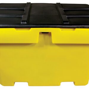 The Vestil Heavy Duty Salt Box 18 Cubic Foot Cap, featuring a yellow bin and black lid, boasts a sturdy rectangular design ideal for outdoor use. Its slightly raised lid with grooves ensures secure handling.