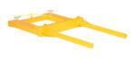 The image shows a yellow metal attachment similar to the Vestil Horizontal Drum Positioner 650 Lb Cap, featuring two parallel cylindrical arms and clamps, designed for lifting or holding objects up to 650 lbs, perfect for use with machinery like forklifts.