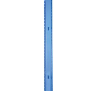 A blue metal beam structure with a vertical column bolted to a horizontal base resembles the Vestil Heavy Duty Double Cantilever 10Ft 24Arm, featuring evenly spaced holes and a smooth finish. It stands upright on a flat, reflective white surface.