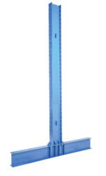 The Vestil Heavy Duty Double Cantilever 12Ft 24 Arm is a blue steel column with a vertical beam and horizontal base. Standing upright, it includes multiple holes for adjustable fittings, ideal for robust support or construction purposes.