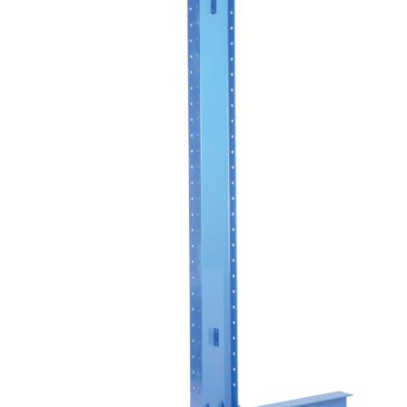 A tall blue steel column with both vertical and horizontal beams has multiple holes for construction support, shaped like an inverted T, similar to the Vestil Heavy Duty Double Cantilever 12Ft 42/48 Arm.