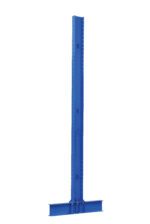 The towering blue metal beam stands tall like the 14-foot Vestil Heavy Duty Double Cantilever with 30/36 arms, featuring a series of small holes, contrasting sharply against the pristine white background.