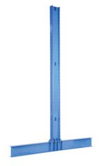 A blue steel column, echoing the Vestil Heavy Duty Double Cantilever 8Ft 42/48Arm design, stands tall with a T-shape. Its vertical beam has adjustable holes and is supported by a robust horizontal base, making it ideal for structural support or storage organization.