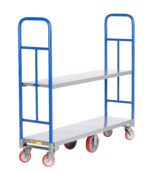 The Little Giant High End Truck with Removable Shelf boasts a dual-level metal platform, blue handles, gray shelves, and six red wheels, ideal for warehouse or industrial use. Its practical design features a removable shelf for added convenience.
