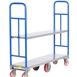 The Little Giant High End Truck with Removable Shelf boasts a dual-level metal platform, blue handles, gray shelves, and six red wheels, ideal for warehouse or industrial use. Its practical design features a removable shelf for added convenience.