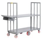 The Little Giant Narrow Aisle Order Picking Truck is a sturdy gray metal cart with two shelves, four red-castered wheels, a handle, and a small side bin, perfect for efficiently transporting items in warehouses.