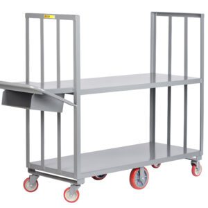 The Little Giant Narrow Aisle Order Picking Truck is a sturdy gray metal cart with two shelves, four red-castered wheels, a handle, and a small side bin, perfect for efficiently transporting items in warehouses.