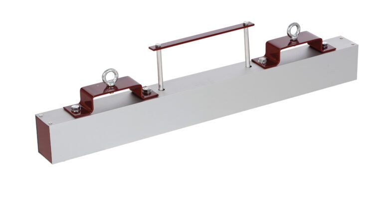 HFMS-36_A.jpg The Vestil Magnetic Sweeper Forklift Hang 36 In has a white rectangular lifting magnet with red brackets, two eye bolts on top for forklift attachment, and a central handle for carrying, making it an ideal tool to securely sweep metal objects in your workspace.