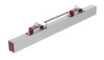 A long, light gray rectangular metal beam with two maroon brackets on top, each containing an eyelet and joined by a metal handle similar to the Vestil Magnetic Sweeper Forklift Hang 48 In design.