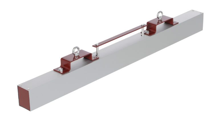 HFMS-48_A.jpg A long, light gray rectangular metal beam with two maroon brackets on top, each containing an eyelet and joined by a metal handle similar to the Vestil Magnetic Sweeper Forklift Hang 48 In design.