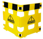 The Vestil Multi-Purpose Barricade 2 Panel 74 In has a yellow and black checkered pattern, bold black exclamation mark, and CAUTION inside a triangle. Its corner design allows for easy folding or angular setups.