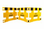 The Vestil Multi-Purpose Barricade 3 Panel 111 In has a yellow caution barrier with a black and yellow checkered pattern, featuring two triangular warning symbols with exclamation marks and CAUTION on slightly folded panels against a white background.