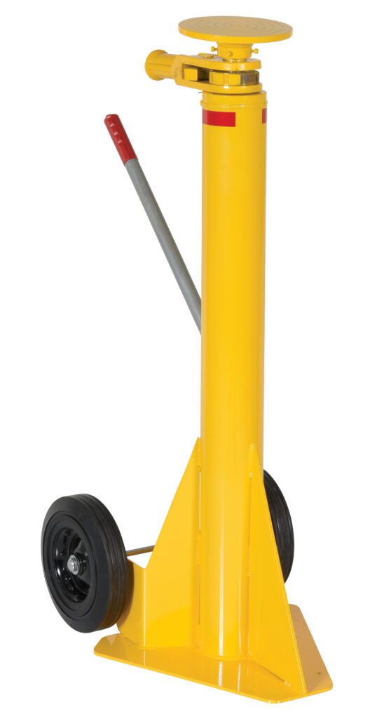 The Vestil Trailer Stabilizing Jack Ratchet 50K Cap features a yellow high-lift axle stand, red-handled ratchet lever, and a flat top platform for vehicle support. It includes a round base for stability and two black wheels for mobility.