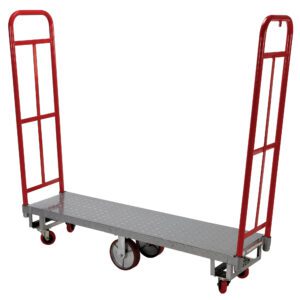 The Vestil High End Platform Truck 1.3K Lb Capacity has a steel platform with textured grip, two red vertical handles, and four wheels—two large central and two smaller swivel—for easy maneuverability, ideal for transporting heavy items effortlessly.
