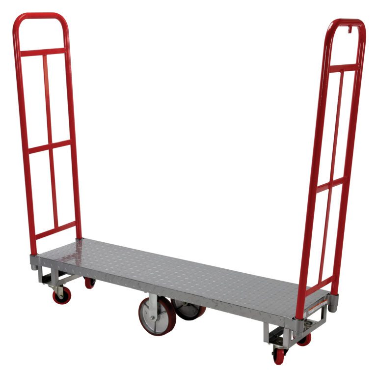 HIGH-T_A.jpg The Vestil High End Platform Truck 1.3K Lb Capacity has a steel platform with textured grip, two red vertical handles, and four wheels—two large central and two smaller swivel—for easy maneuverability, ideal for transporting heavy items effortlessly.