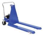 The Vestil High Lift Truck Air/Oil Recip 27W X 48L is a blue pallet jack featuring a metallic handle, two 48L forks, a single rear wheel, and front supports. Ideal for efficient workspace lifting using air/oil reciprocation. Displayed on a white background.