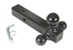 The Vestil Three Ball Tow Hitch - Black showcases a sleek design with varying-sized balls and mounting holes, complemented by a silver hitch pin and clip, all set against a white background for striking contrast.