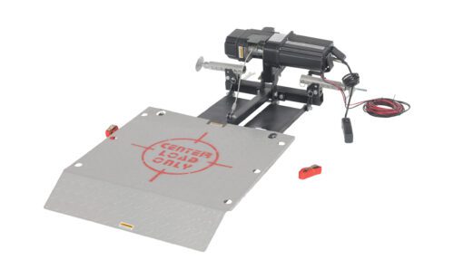 The Vestil Hitch Lift 550 Lb Capacity 25L X 28W features Center Load Only on its platform and comes with a hydraulic mechanism, motor, and wired remote for efficient motorcycle maintenance or repairs.