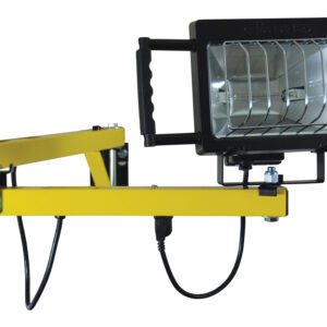 The Vestil Double Arm Strut Halogen Light has a portable design with a sturdy black handle on a yellow adjustable arm, a metal grille cover, and an electric cord at the base. Its bolted joints allow for flexible positioning.