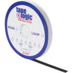 A 1/2 x 75 Black Loop Tape Logic® roll fastens the space, featuring a black strip from the neatly coiled individual tape strips.