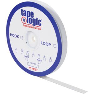 The 1 1/2 x 75 White Hook Tape Logic® Individual Tape Strips are mainly white with a blue edge, showcasing their versatile hook and loop fastener feature. Each strip is labeled with details and color options, with one partially unrolled to highlight its functionality.