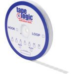 A roll of 1 7/8 White Hook Tape Logic® Individual Tape Dots, with Hook and Loop labels, efficiently dispenses the perforated white dots. The packaging shows size options for versatile use of 450 dots in white and black.