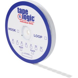 A round roll labeled 1 7/8 White Loop Tape Logic® Individual Tape Dots with a blue and white design indicates Hook. Available in black and white, it includes adhesive tape strips from the 450 individual dots.