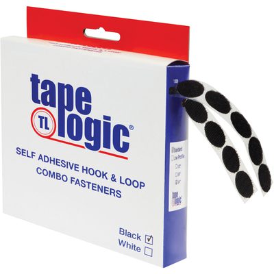 HLT180.jpg A box of 1/2 Black Dots Tape Logic® Combo Pack (200/Case) is displayed, showing self-adhesive hook and loop fasteners. Some strips are partially pulled out from the package with a white background featuring blue and red text.