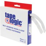 3/4 White Dots Tape Logic® Combo Pack (200/Case) features black and white self-adhesive hook and loop fasteners. The packaging is white with red and blue text, displaying two partially pulled-out strips.