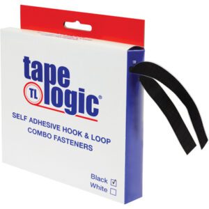 The Tape Logic® Combo Pack, a white box with red and blue trim, contains self-adhesive hook and loop fasteners. Two black 1 x 15 strips emerge from the side of the box, which offers options for either black or white fasteners.